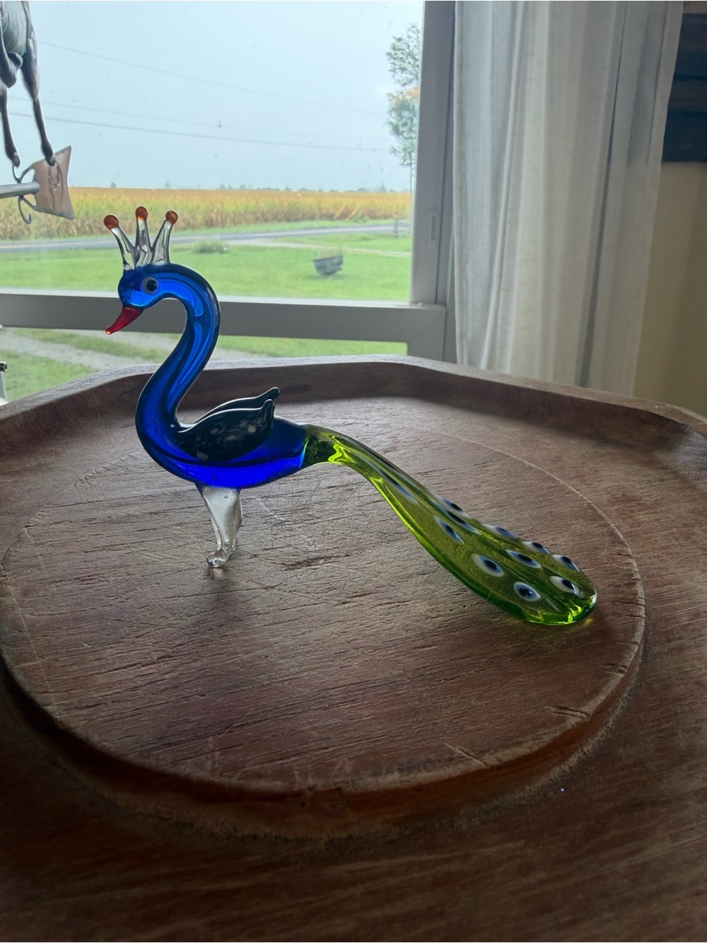Handblown Blue and Green Glass Peacock Figurine - Decorative Home Accent
